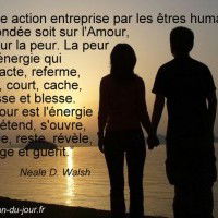 Toute action entreprise par les êtres humains est fondée soit sur l'Amour, soit sur la peur. La peur est l'énergie qui contracte, referme, attire, court, cache, entasse et blesse. L'Amour est l'énergie qui s'étend, s'ouvre, envoie, reste, révèle, partage et guérit.